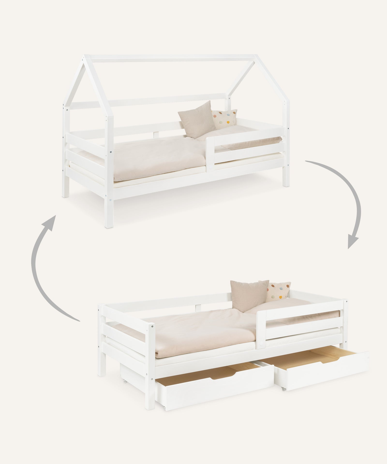 2in1 Kinder-und Hausbett Sona mit Doppelschubladen Weiß.