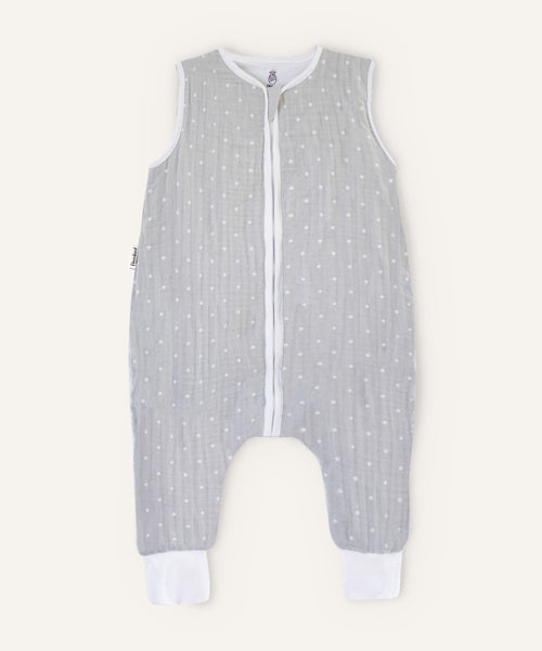 Ehrenkind Musselin Sommerschlafsack mit Beinen grau weiße Tupfen.