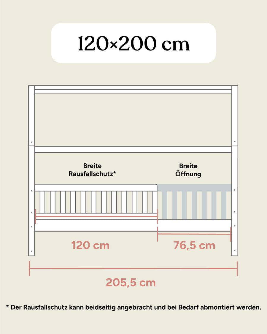 Größengrafik Hausbett Buche 120x200 cm Frontansicht.