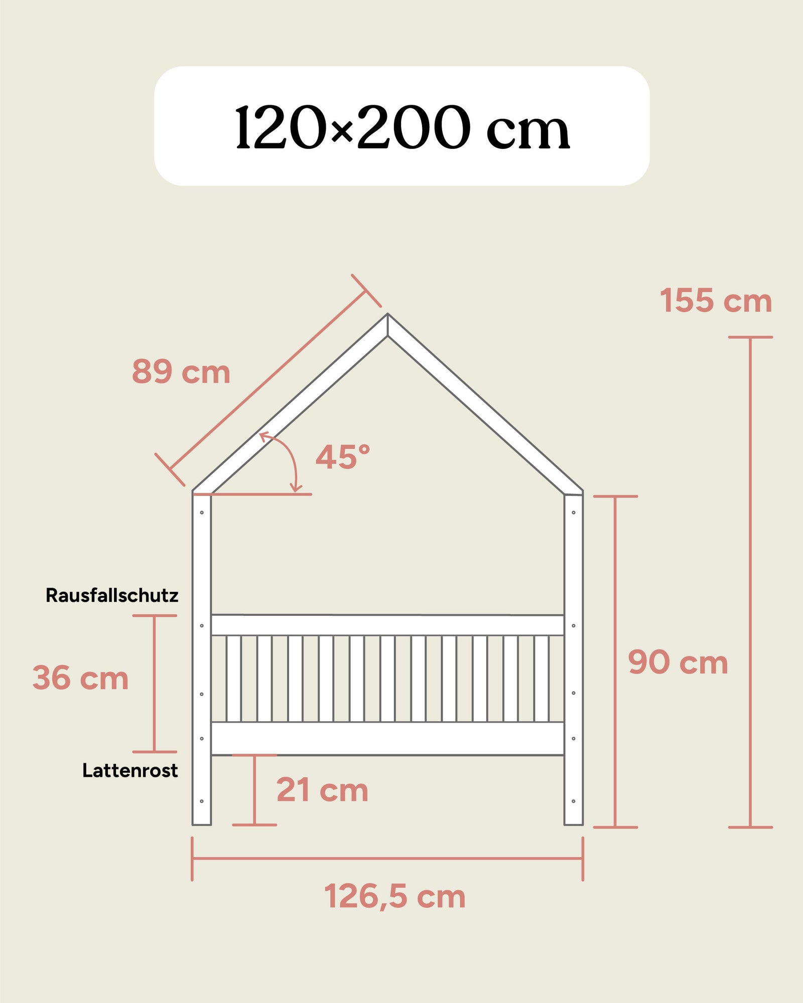 Größengrafik Hausbett Buche 120x200 cm Seitenansicht.