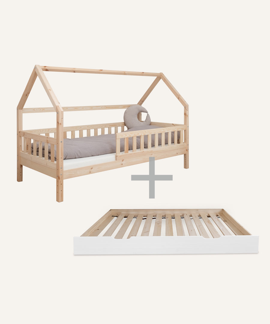 Hausbett Kiefer Natur mit Bettkasten weiß. 