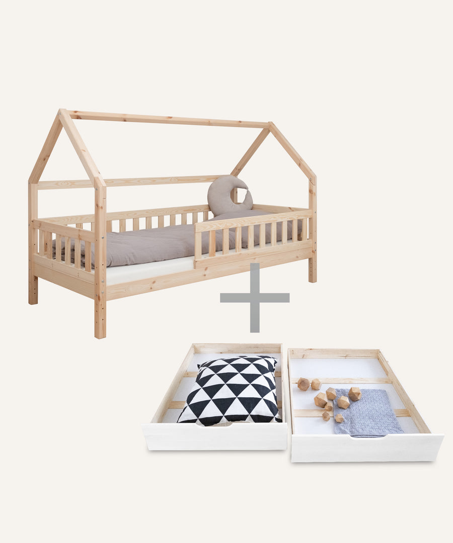 Hausbett Kiefer Natur mit Doppelschublade weiß. 