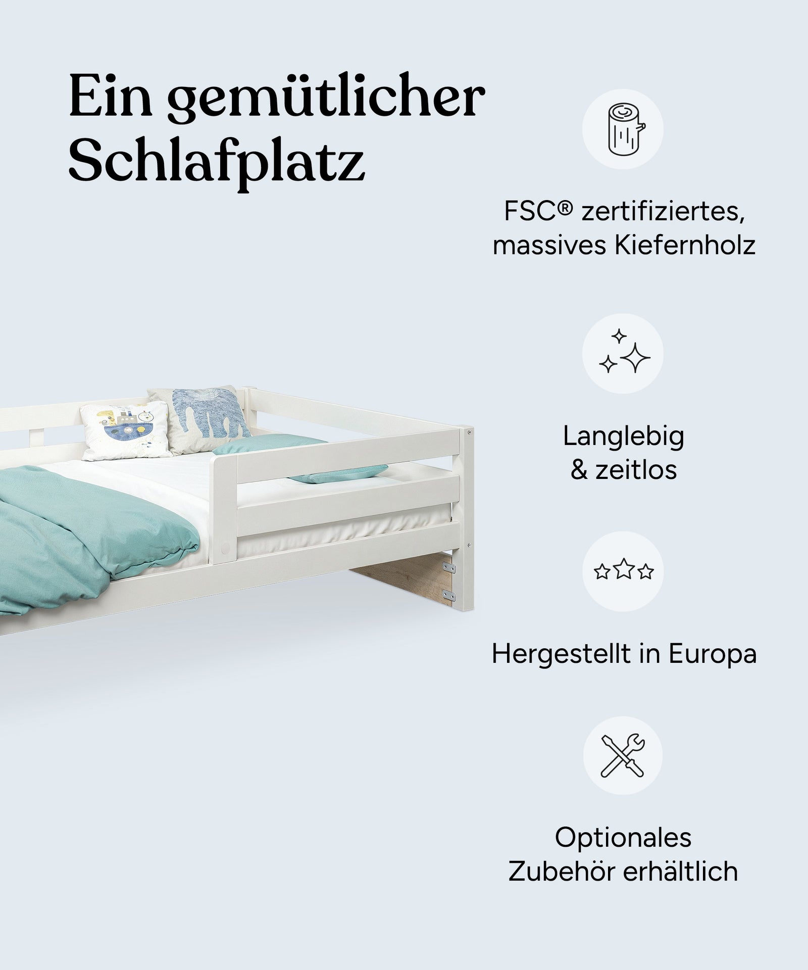 Vorteile Kinderbett Kiefer K3 weiß: Nachhaltiges Kiefernholz, langlebig und zeitlos, hergestellt in Europa, optionales Zubehör erhältlich.
