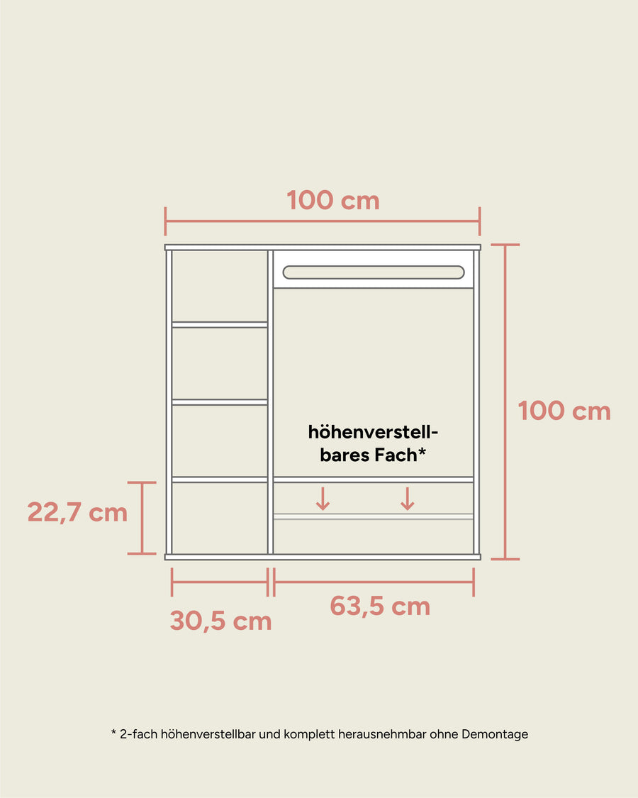 Maßangaben Montessori Kleiderschrank Frontansicht.