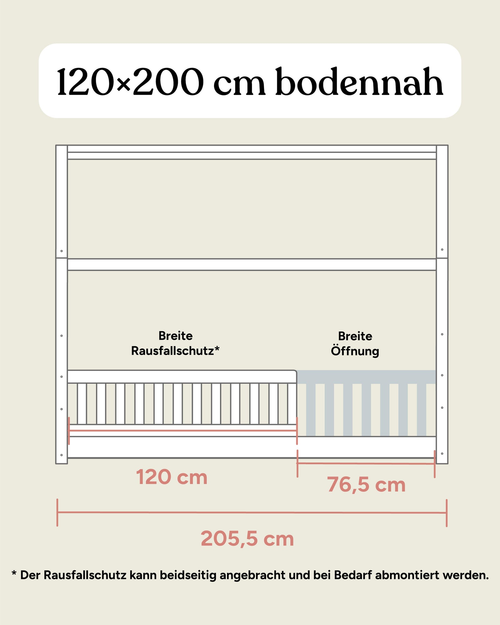 Größengrafik Hausbett Buche 120x200 cm Frontansicht bodennah.