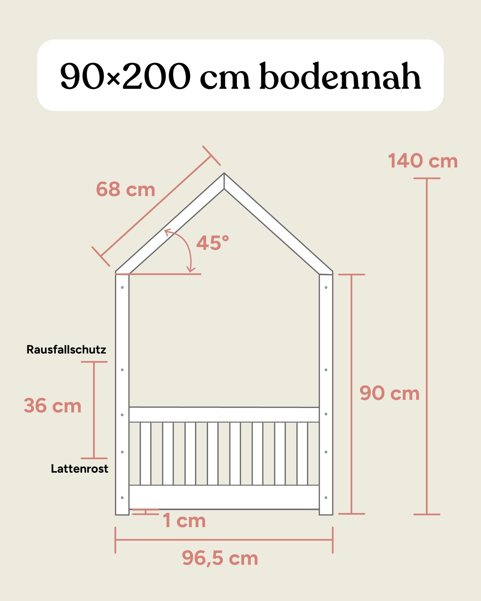 Größengrafik Hausbett Buche 90x200 cm Seitenansicht bodennah.