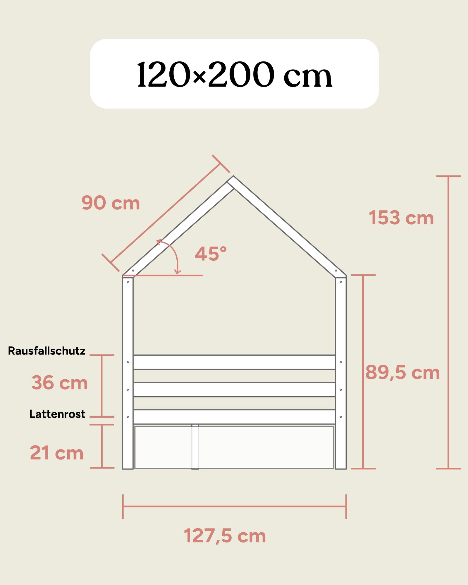 Hausbett Kiefer 120x200 Maße Frontansicht.