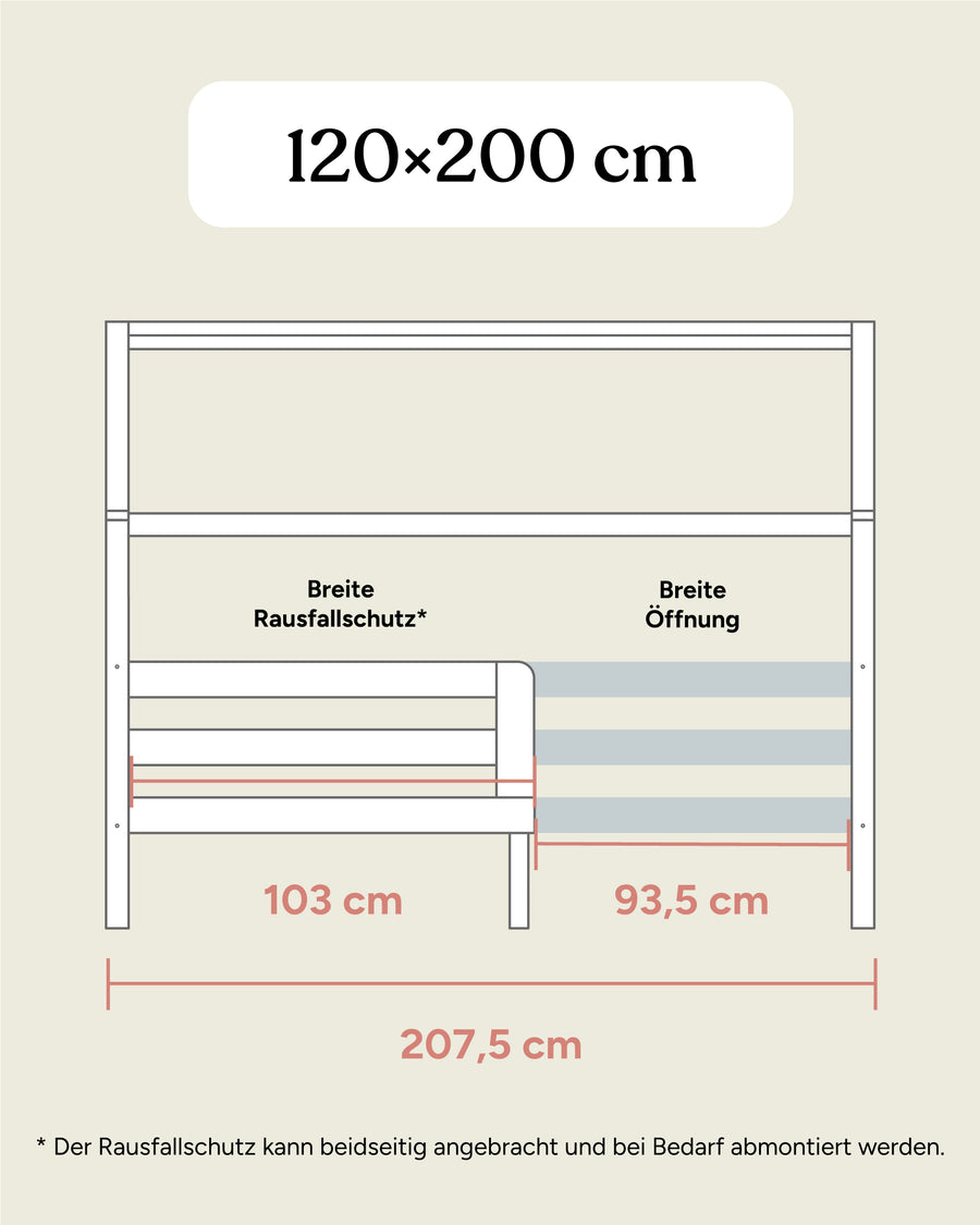 Hausbett Sona 120x200 Übersichtsgrafik Maße Seitenansicht.