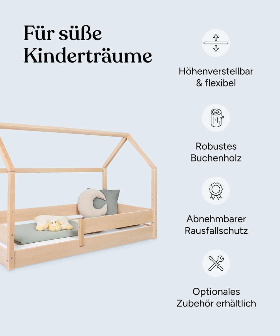 Vorteile Hausbett Buche B3: Höhenverstellbar & flexibel, robustes Buchenholz, abnehmbarer Rausfallschutz, optionales Zubehör erhältlich.