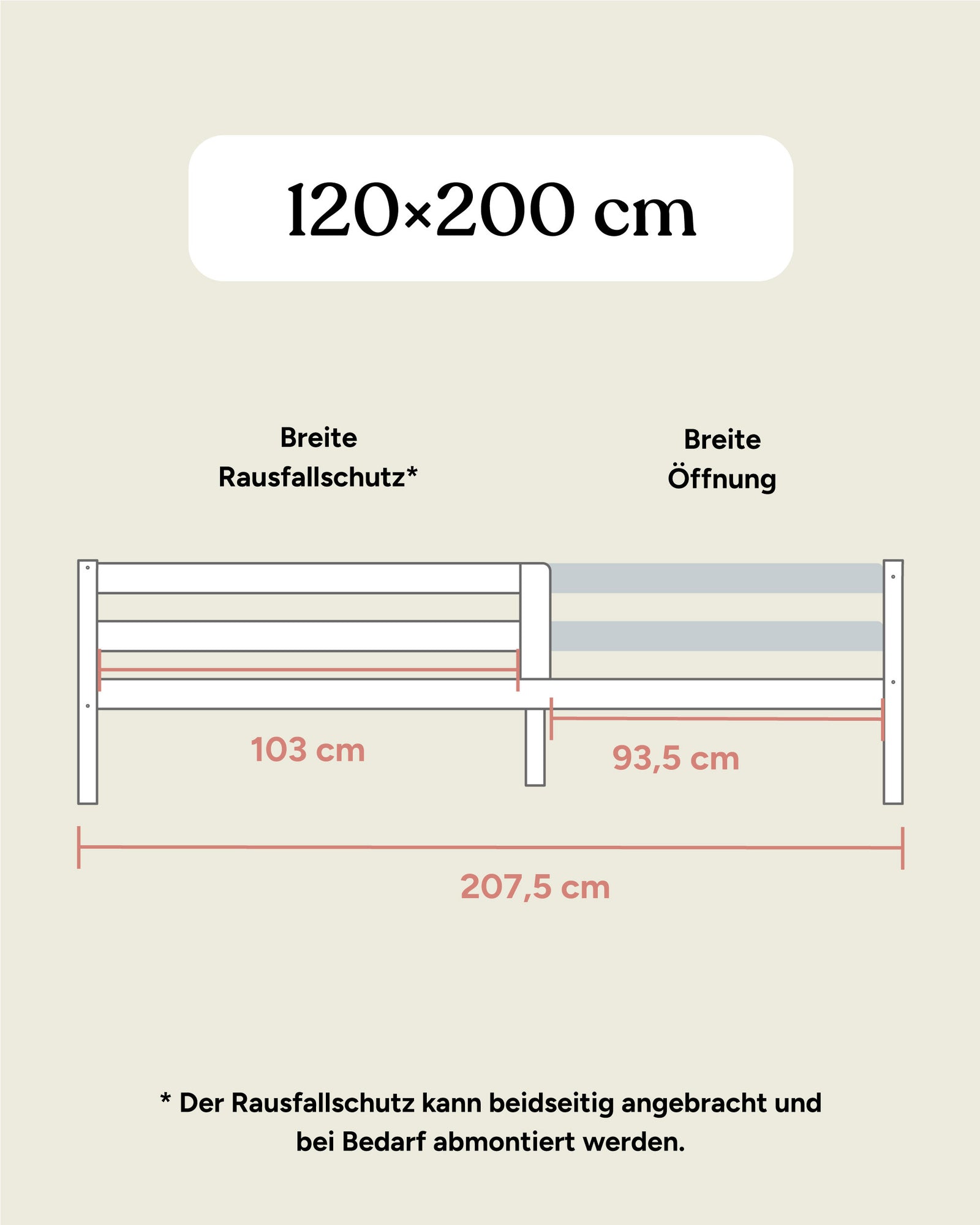 Kinderbett Kiefer 120x200 cm Maße Seitenansicht.