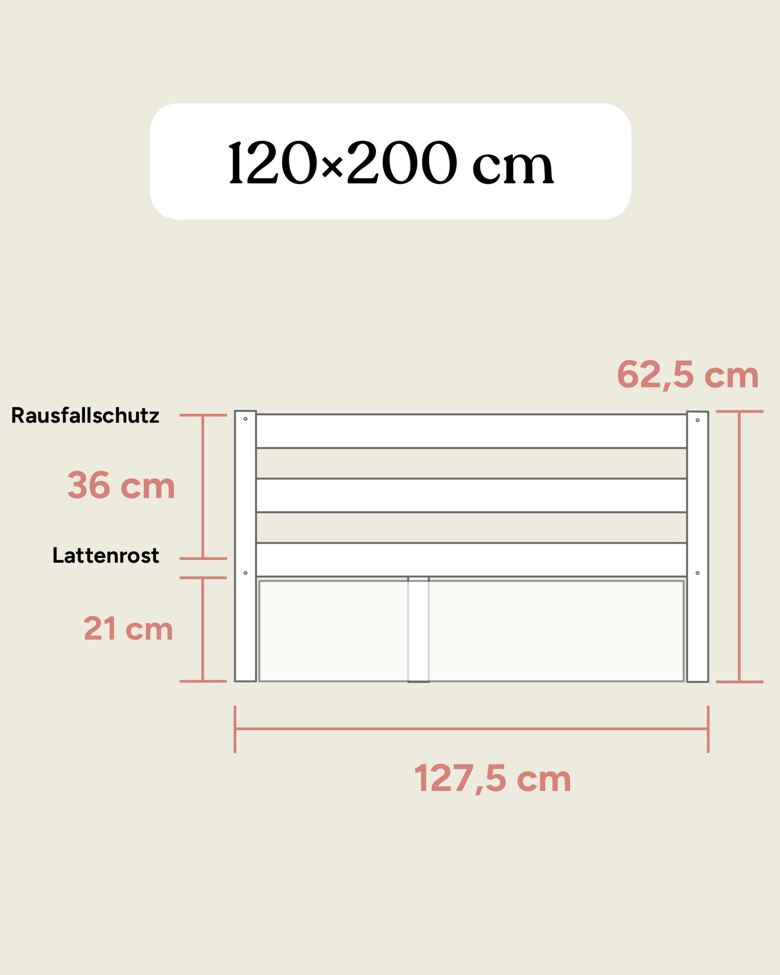 Kinderbett Kiefer 120x200 Maße Frontansicht.