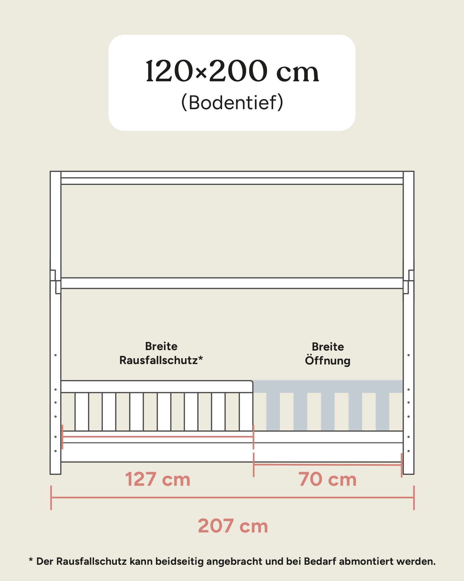 Größengrafik Hausbett Lille 120x200 cm bodentief seitlich