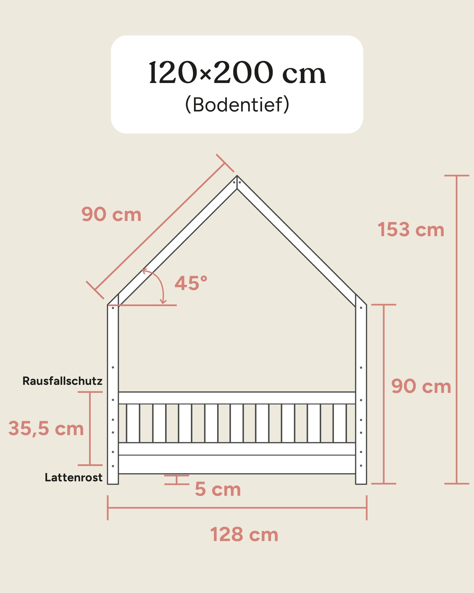 Größengrafik Hausbett Lille 120x200 cm bodentief