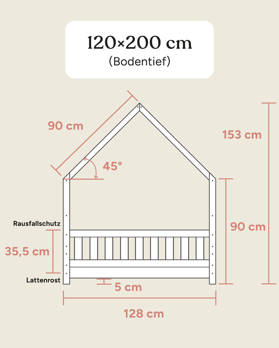 Größengrafik Hausbett Lille 120x200 cm bodentief
