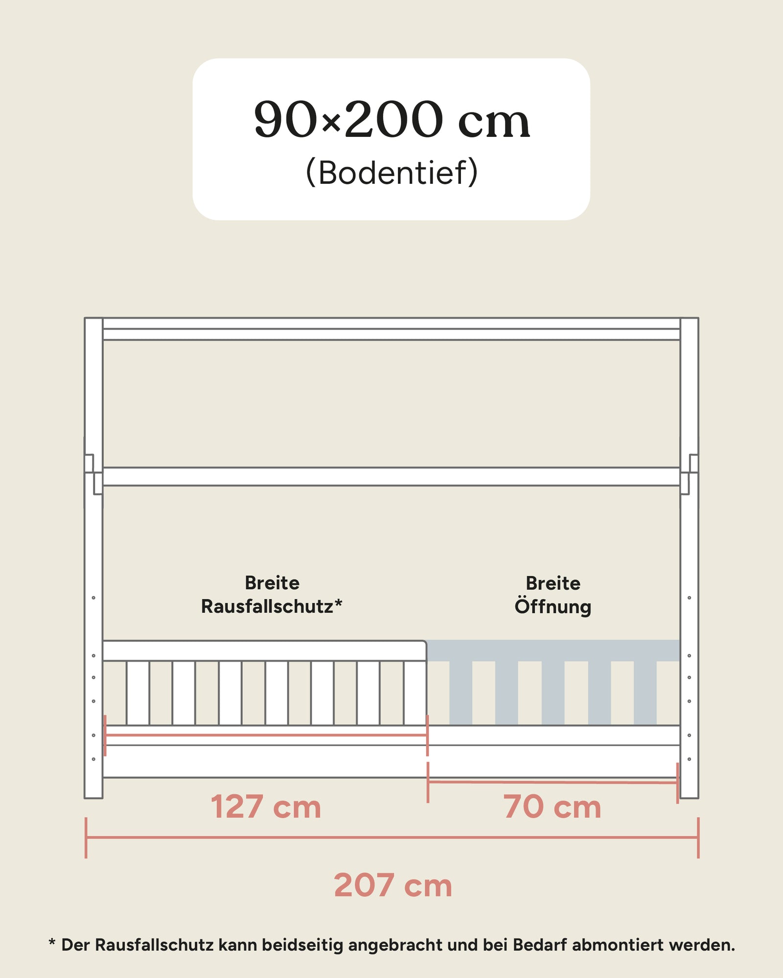 Größengrafik Hausbett Lille 90x200 cm seitlich bodentief