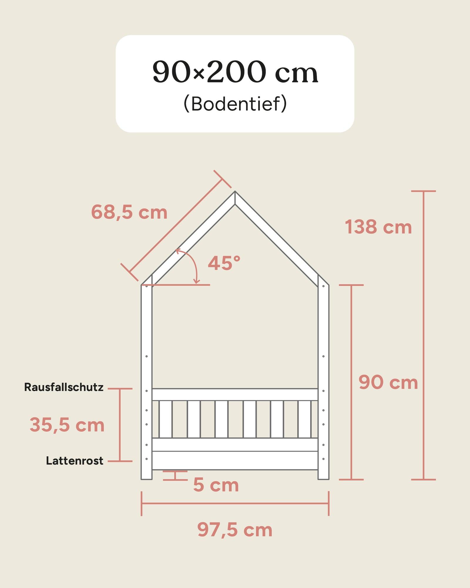 Größengrafik Hausbett Lille 90x200 cm bodentief