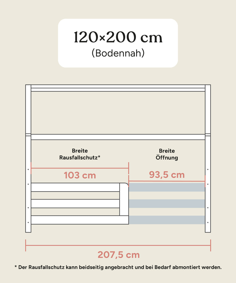 Größengrafik Hausbett Sona 2in1 120x200 cm bodentief seitlich