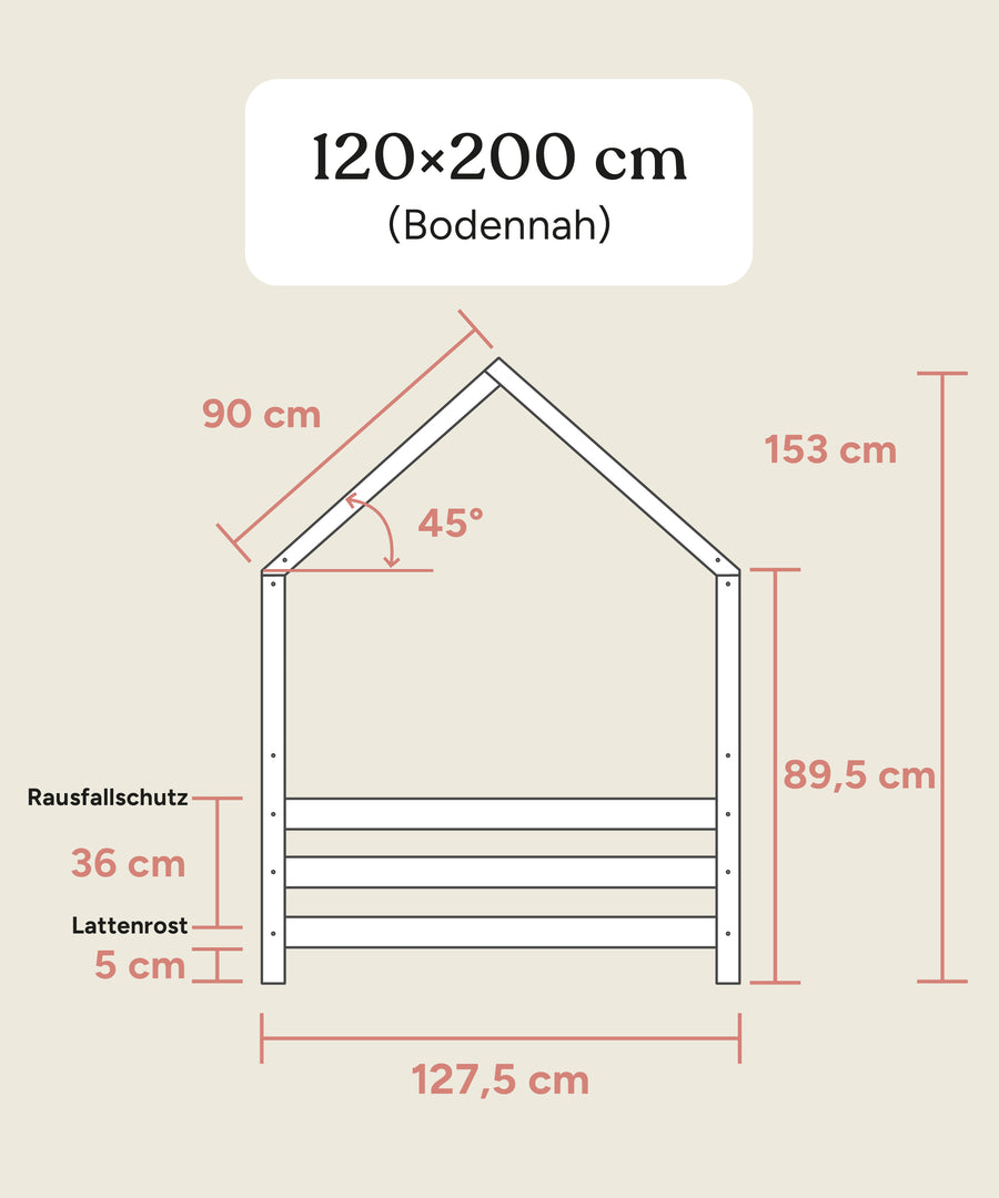 Größengrafik Hausbett Sona 2in1 120x200 cm bodentief