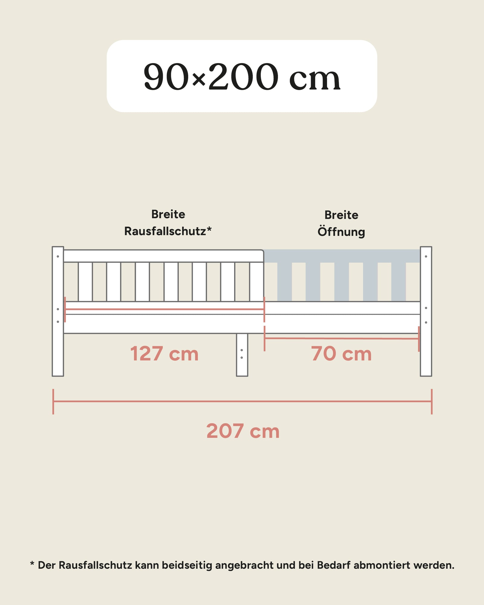 Größengrafik Kinderbett Lille 90x200 seitlich