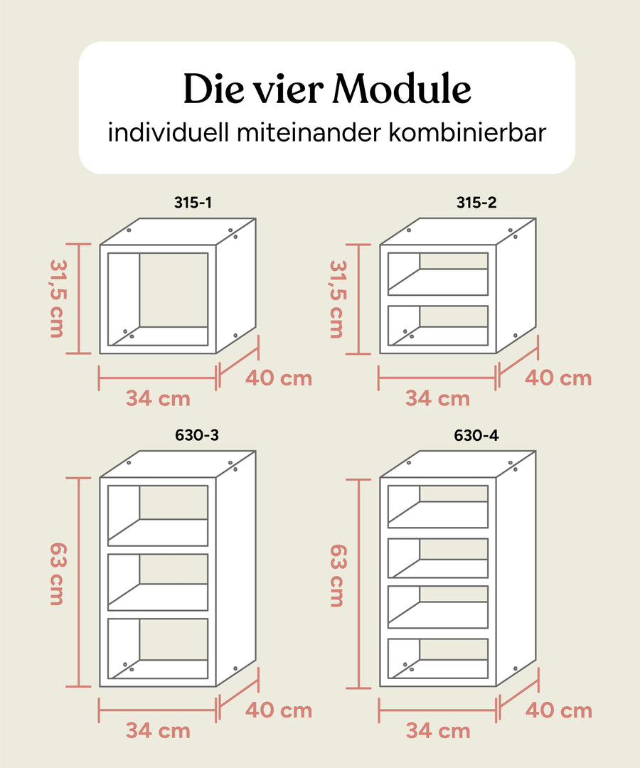 Größengrafik Aufbewahrungssystem - alle vier Module.