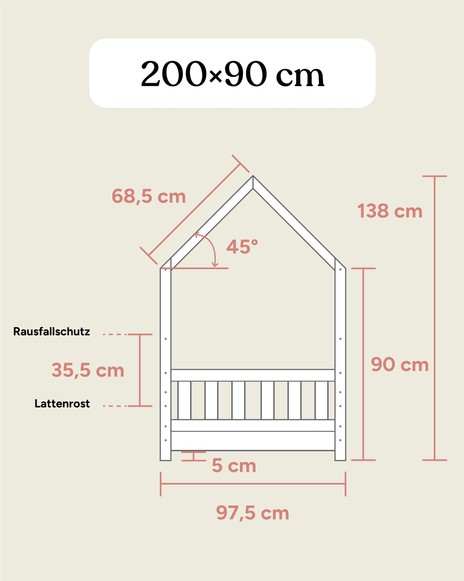 Maßangaben Hausbett Kiefer 200x90 cm bodennah montiert Frontansicht.