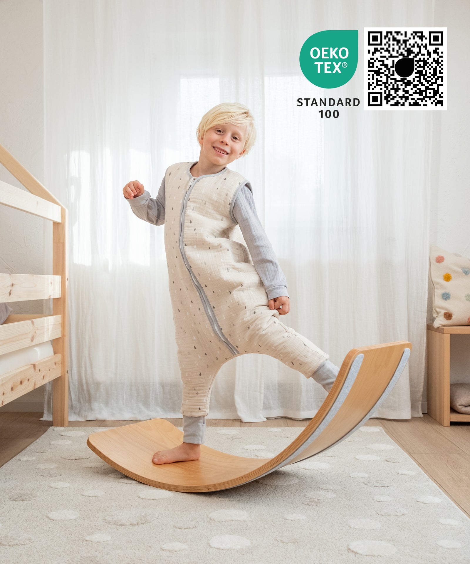 Musselin-Schlafsack 2.5 TOG mit Beinfreiheit auch für tagsüber.