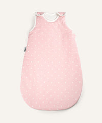 Baby-Schlafsack ganzjährig rund Rosa weiße Punkte.