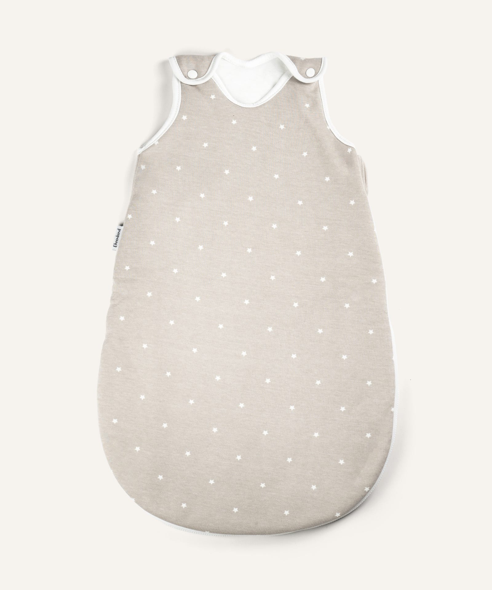 Baby-Schlafsack ganzjährig rund Taupe weiße Sterne.
