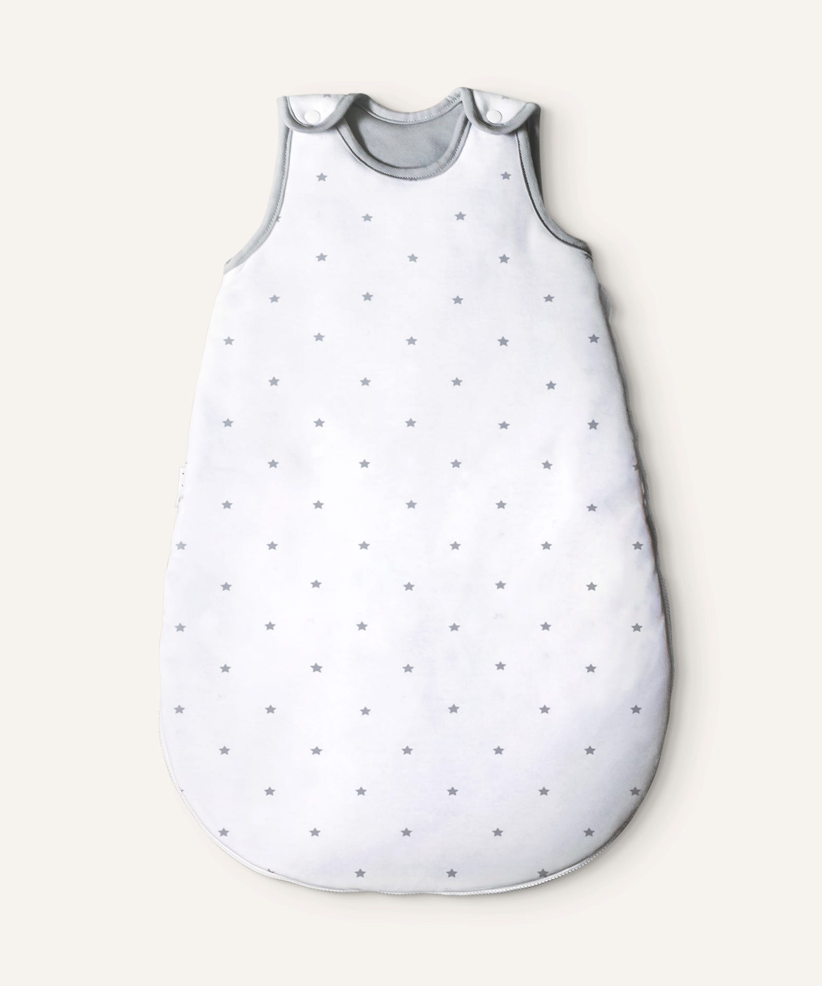 Baby-Schlafsack ganzjährig rund Weiß graue Sterne.