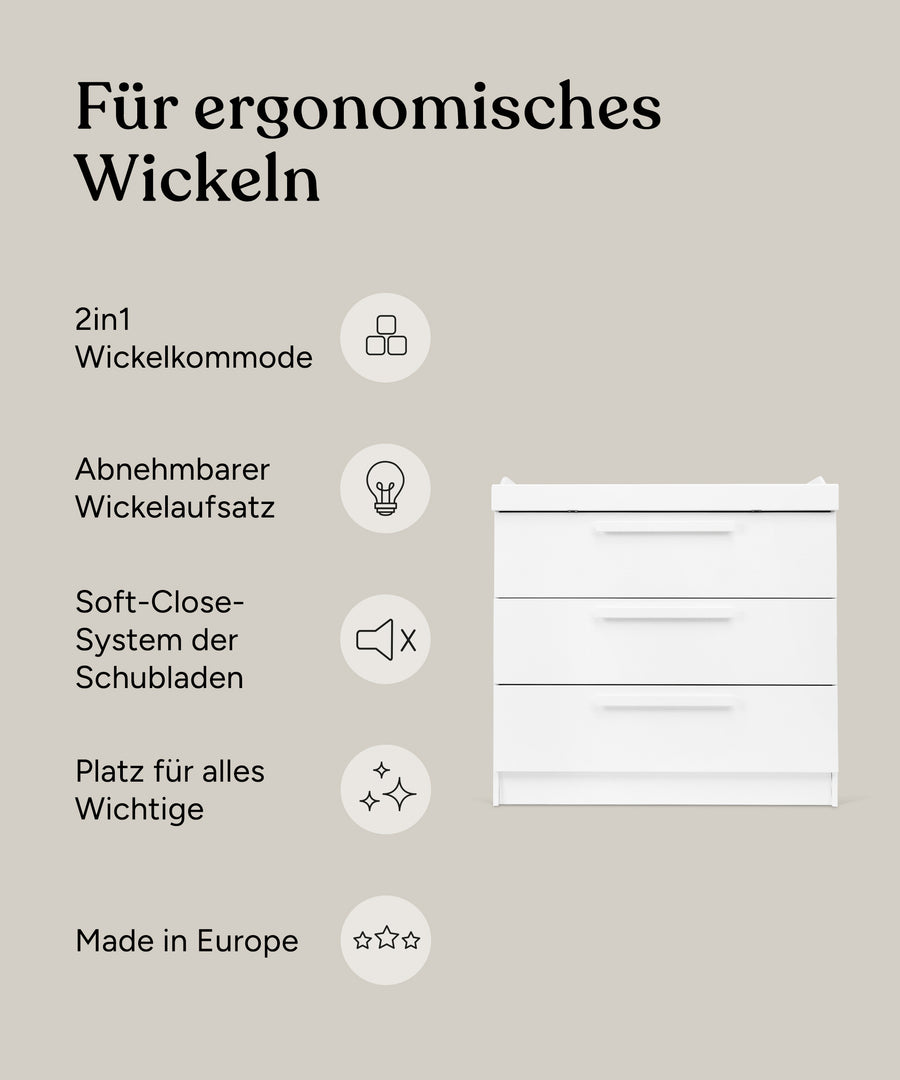 Vorteile Wickelkommode Linia Kiefer Weiß mit drei Schubladen.